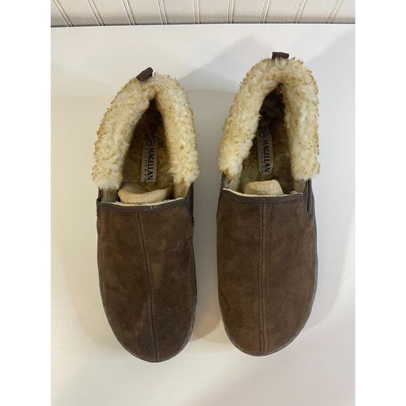 Magellan Slipper Mens 9 Moccasin Brown Suede Leather Fur Lined Comfort Casual - Picture 4 of 14